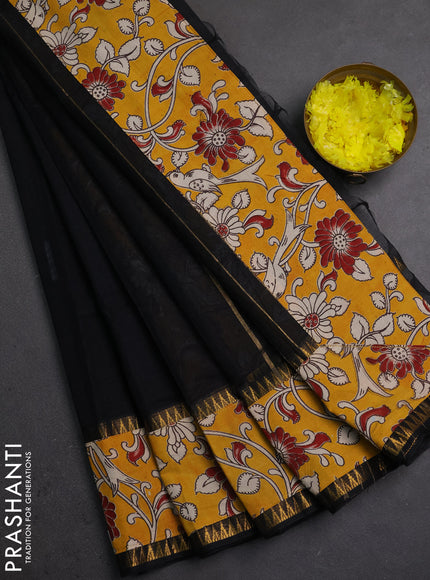 Semi mangalagiri cotton saree black and mustard yellow with plain body and long zari woven kalamkari printed border & blouse