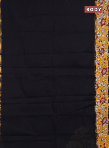Semi mangalagiri cotton saree black and mustard yellow with plain body and long zari woven kalamkari printed border & blouse