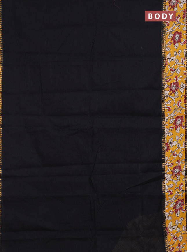 Mangalagiri cotton saree black and mustard yellow with plain body and long zari woven kalamkari printed border & blouse