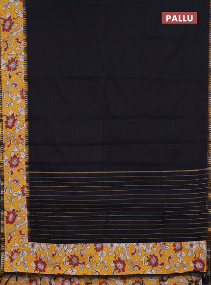 Semi mangalagiri cotton saree black and mustard yellow with plain body and long zari woven kalamkari printed border & blouse