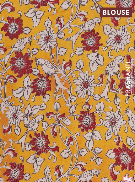 Semi mangalagiri cotton saree black and mustard yellow with plain body and long zari woven kalamkari printed border & blouse