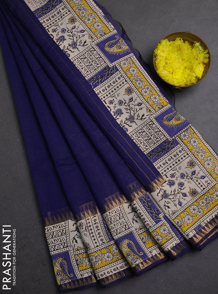 Semi mangalagiri cotton saree navy blue and beige with plain body and long zari woven kalamkari printed border & blouse