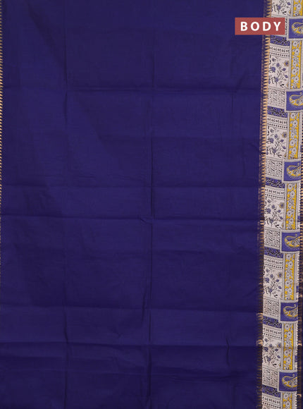 Semi mangalagiri cotton saree navy blue and beige with plain body and long zari woven kalamkari printed border & blouse