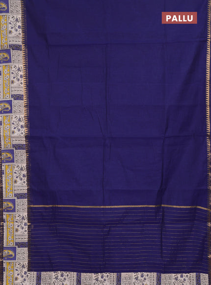 Semi mangalagiri cotton saree navy blue and beige with plain body and long zari woven kalamkari printed border & blouse