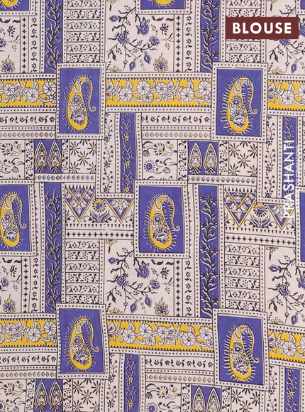 Semi mangalagiri cotton saree navy blue and beige with plain body and long zari woven kalamkari printed border & blouse
