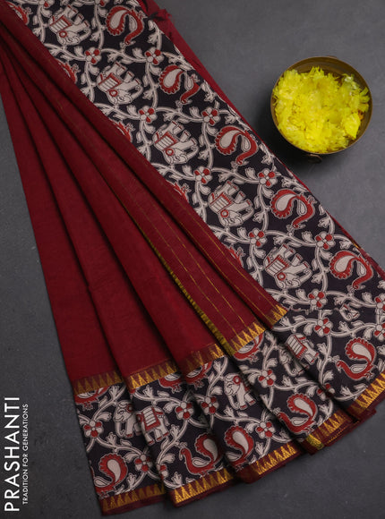 Semi mangalagiri cotton saree maroon and jamun with plain body and long zari woven kalamkari printed border & blouse
