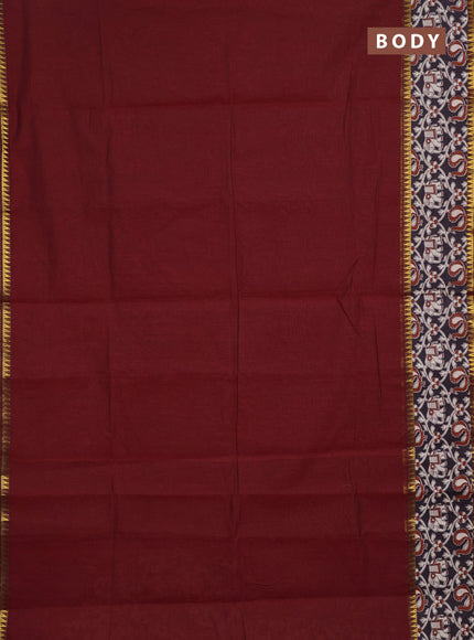 Semi mangalagiri cotton saree maroon and jamun with plain body and long zari woven kalamkari printed border & blouse