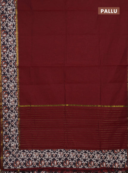 Semi mangalagiri cotton saree maroon and jamun with plain body and long zari woven kalamkari printed border & blouse