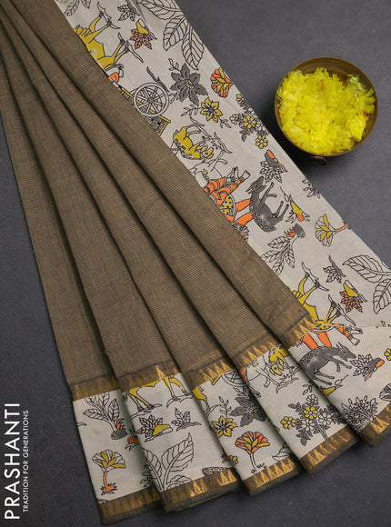 Semi mangalagiri cotton saree chicku and beige with plain body and long zari woven kalamkari printed border & blouse