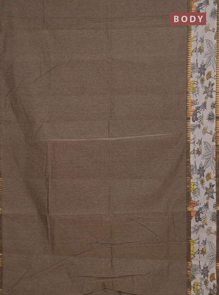 Semi mangalagiri cotton saree chicku and beige with plain body and long zari woven kalamkari printed border & blouse