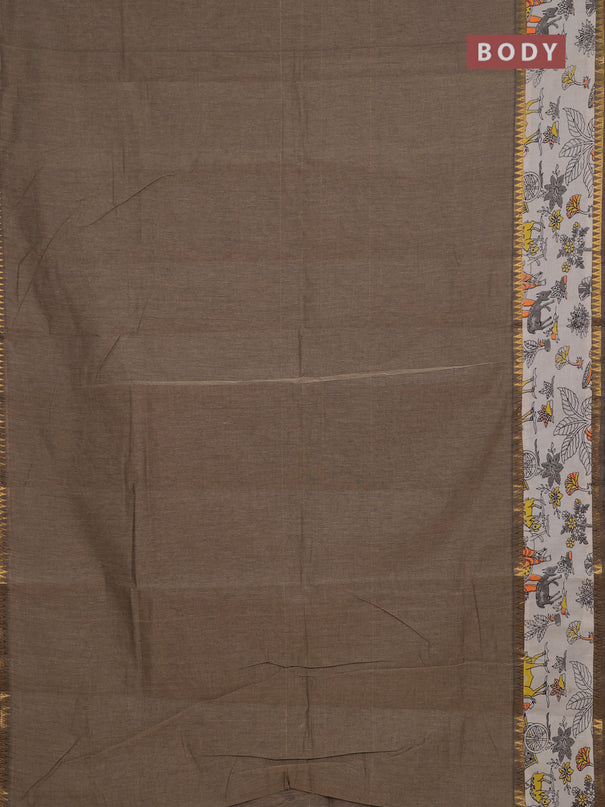 Mangalagiri cotton saree chicku and beige with plain body and long zari woven kalamkari printed border & blouse