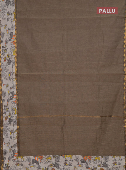 Semi mangalagiri cotton saree chicku and beige with plain body and long zari woven kalamkari printed border & blouse