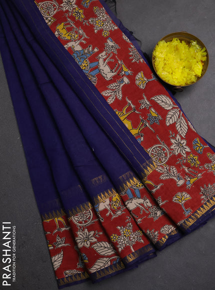 Semi mangalagiri cotton saree navy blue and maroon with plain body and long zari woven kalamkari printed border & blouse