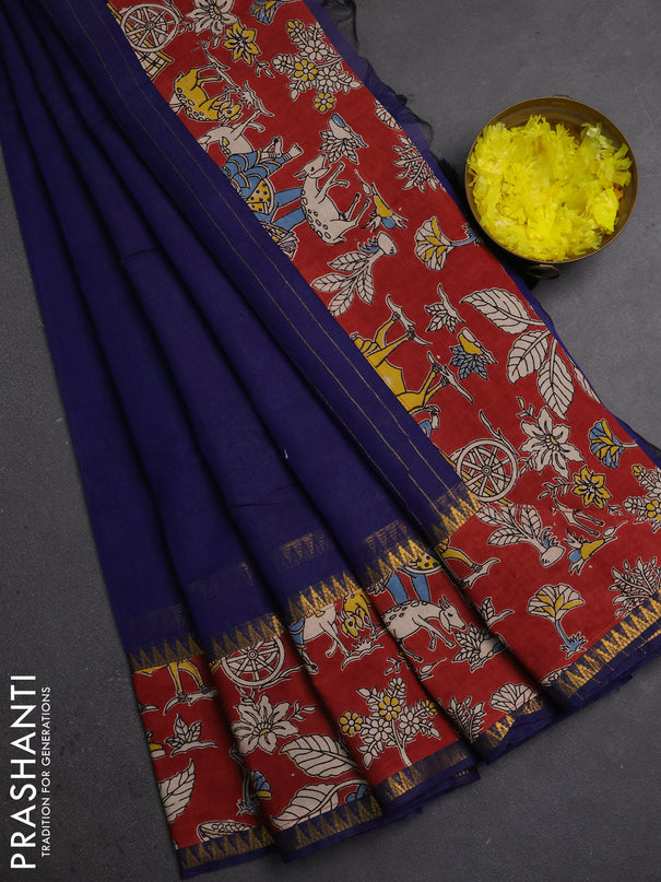 Mangalagiri cotton saree navy blue and maroon with plain body and long zari woven kalamkari printed border & blouse