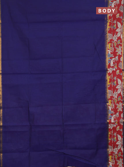 Semi mangalagiri cotton saree navy blue and maroon with plain body and long zari woven kalamkari printed border & blouse