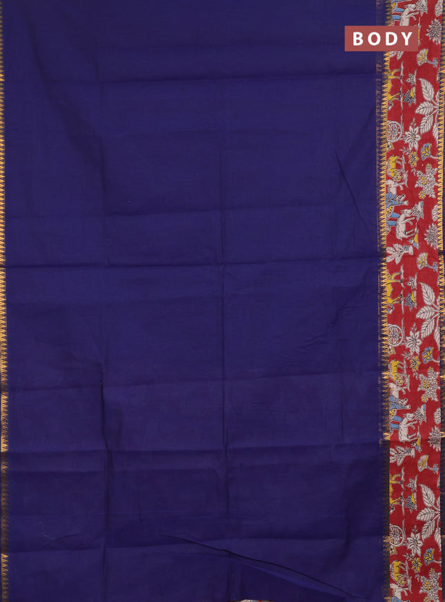 Mangalagiri cotton saree navy blue and maroon with plain body and long zari woven kalamkari printed border & blouse