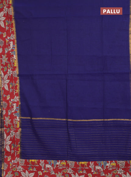 Semi mangalagiri cotton saree navy blue and maroon with plain body and long zari woven kalamkari printed border & blouse