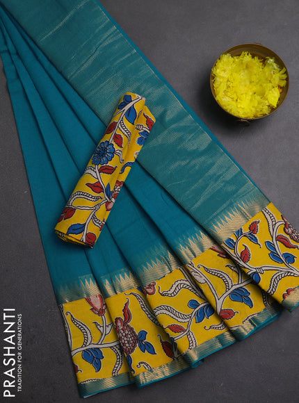 Semi mangalagiri cotton saree teal blue and yellow with plain body and long zari woven kalamkari printed border & blouse