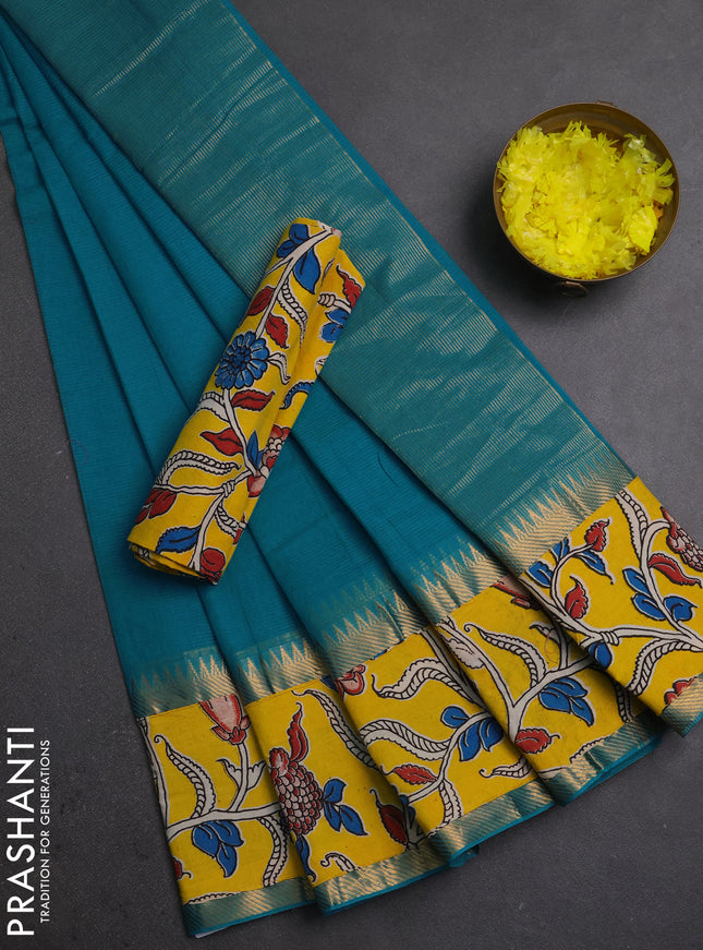 Mangalagiri cotton saree teal blue and yellow with plain body and long zari woven kalamkari printed border & blouse