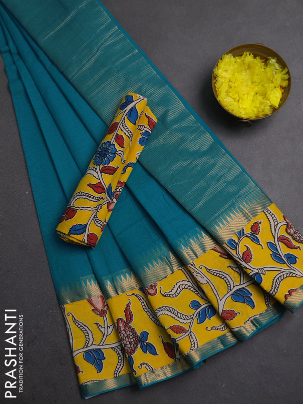 Mangalagiri cotton saree teal blue and yellow with plain body and long zari woven kalamkari printed border & blouse