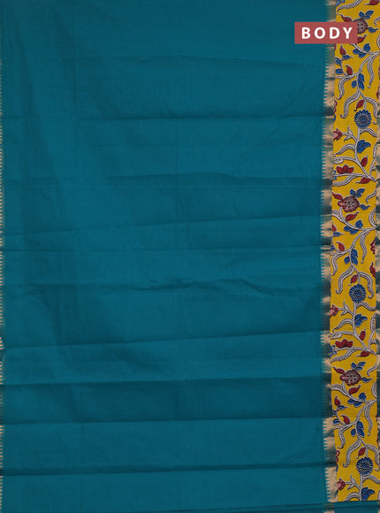 Semi mangalagiri cotton saree teal blue and yellow with plain body and long zari woven kalamkari printed border & blouse