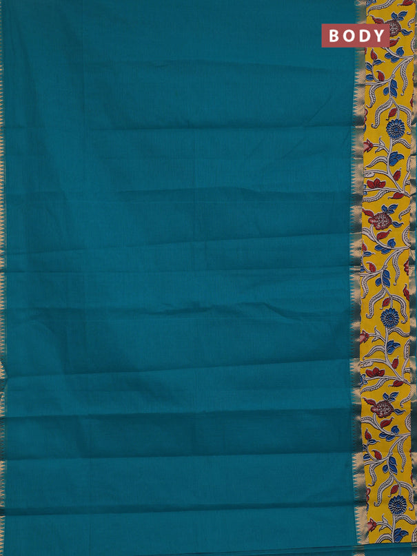 Mangalagiri cotton saree teal blue and yellow with plain body and long zari woven kalamkari printed border & blouse