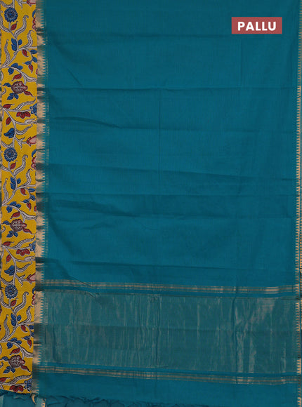Semi mangalagiri cotton saree teal blue and yellow with plain body and long zari woven kalamkari printed border & blouse