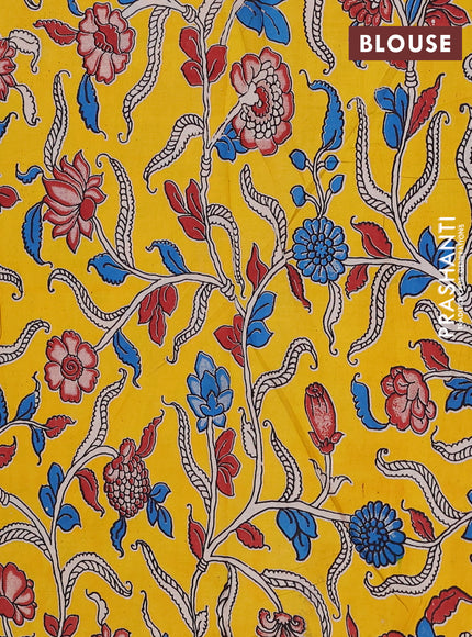 Semi mangalagiri cotton saree teal blue and yellow with plain body and long zari woven kalamkari printed border & blouse