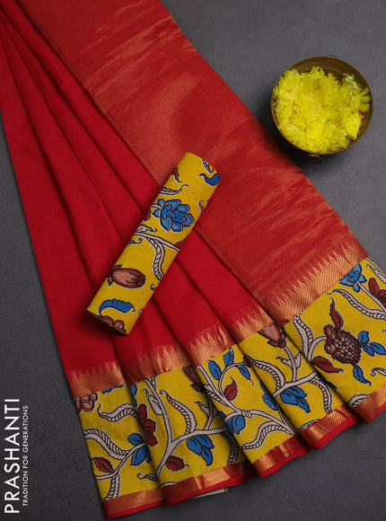 Semi mangalagiri cotton saree red and yellow with plain body and long zari woven kalamkari printed border & blouse