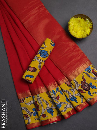Mangalagiri cotton saree red and yellow with plain body and long zari woven kalamkari printed border & blouse