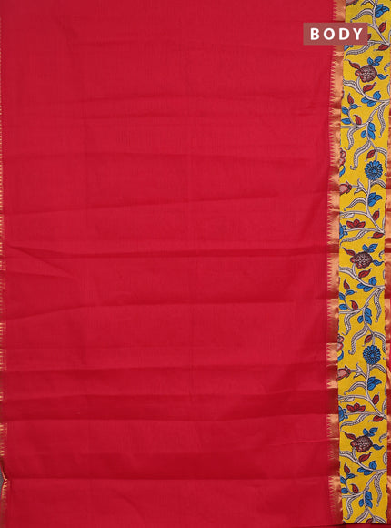 Semi mangalagiri cotton saree red and yellow with plain body and long zari woven kalamkari printed border & blouse