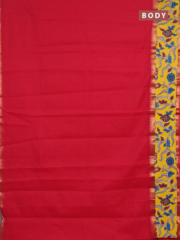 Mangalagiri cotton saree red and yellow with plain body and long zari woven kalamkari printed border & blouse