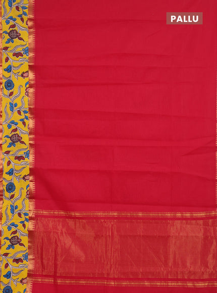 Semi mangalagiri cotton saree red and yellow with plain body and long zari woven kalamkari printed border & blouse