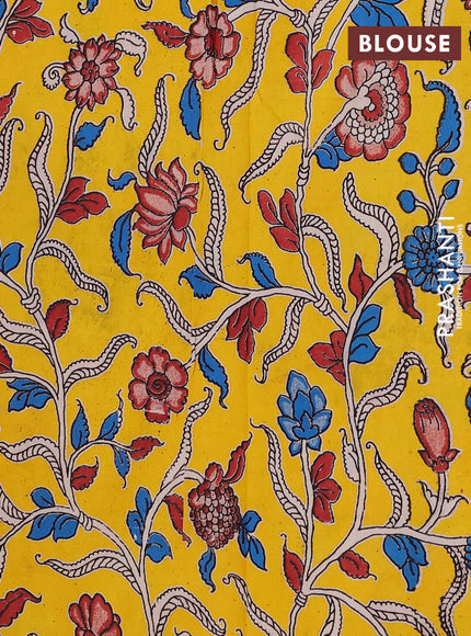 Semi mangalagiri cotton saree red and yellow with plain body and long zari woven kalamkari printed border & blouse