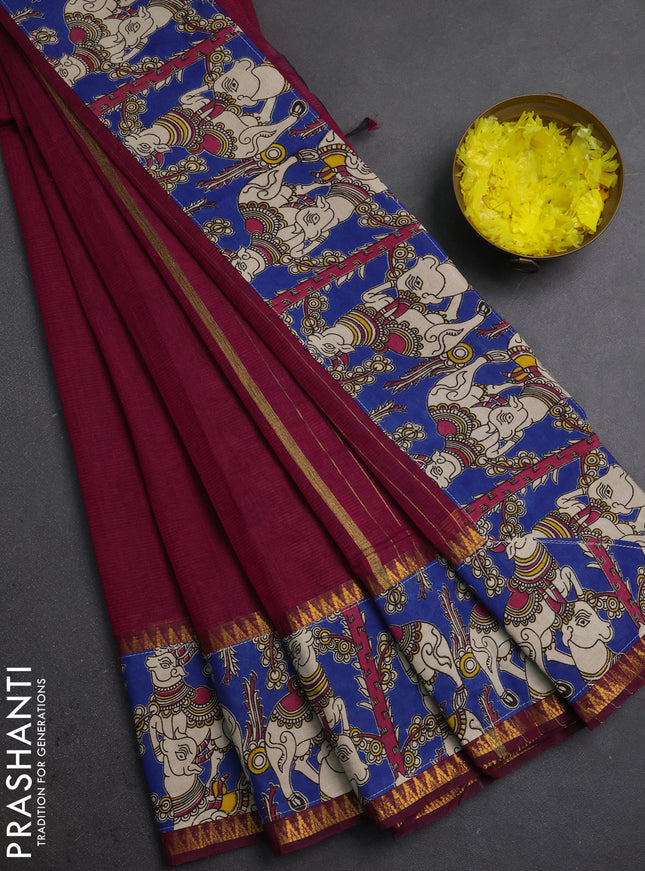 Mangalagiri cotton saree magenta pink and cs blue with plain body and long zari woven kalamkari printed border & blouse