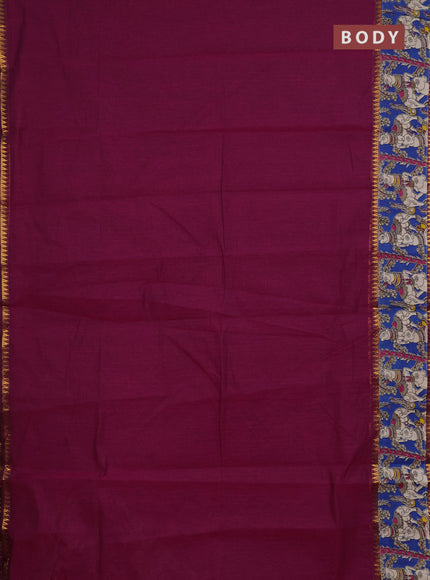 Semi mangalagiri cotton saree magenta pink and cs blue with plain body and long zari woven kalamkari printed border & blouse
