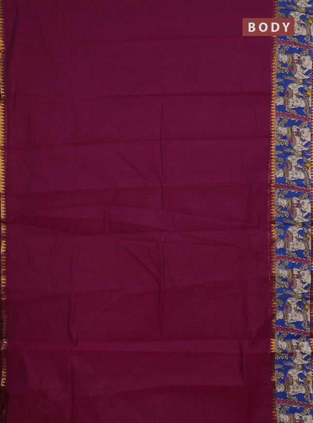 Mangalagiri cotton saree magenta pink and cs blue with plain body and long zari woven kalamkari printed border & blouse