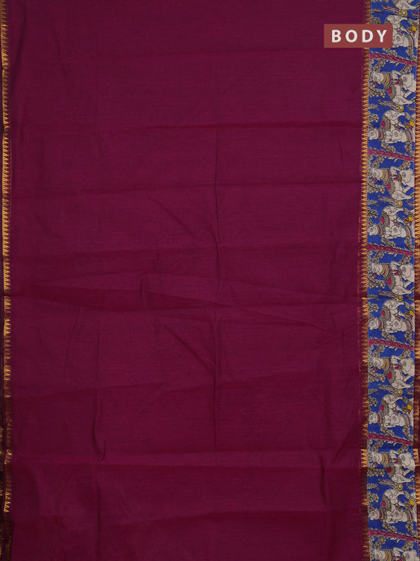 Mangalagiri cotton saree magenta pink and cs blue with plain body and long zari woven kalamkari printed border & blouse