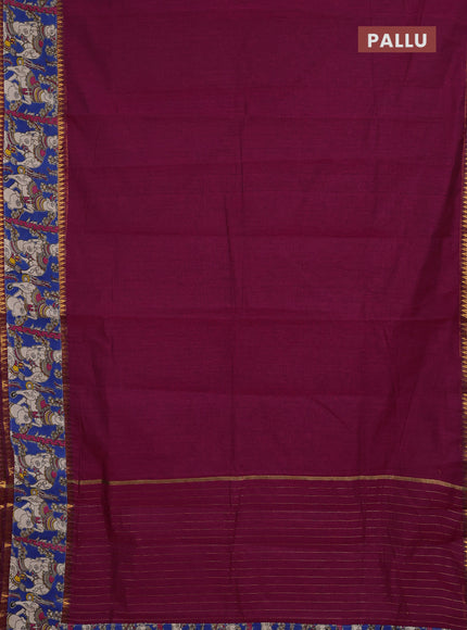 Semi mangalagiri cotton saree magenta pink and cs blue with plain body and long zari woven kalamkari printed border & blouse