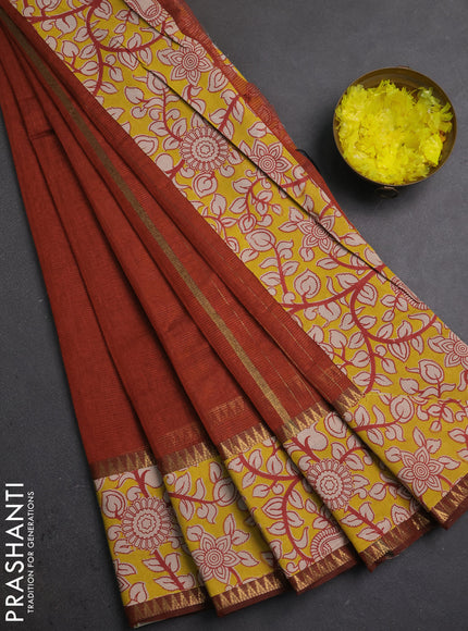 Semi mangalagiri cotton saree rust shade and yellow with plain body and long zari woven kalamkari printed border & blouse