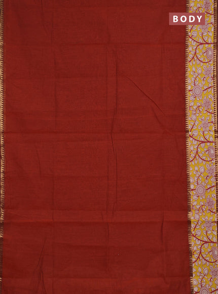 Semi mangalagiri cotton saree rust shade and yellow with plain body and long zari woven kalamkari printed border & blouse
