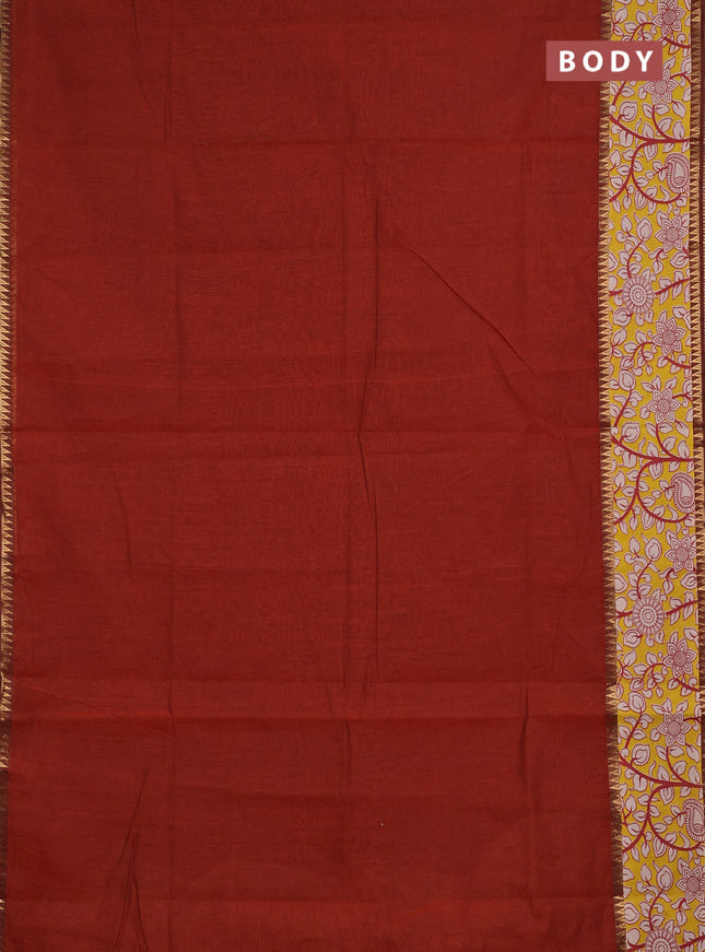 Mangalagiri cotton saree rust shade and yellow with plain body and long zari woven kalamkari printed border & blouse