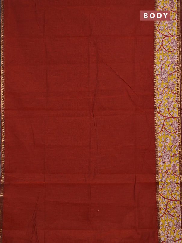 Mangalagiri cotton saree rust shade and yellow with plain body and long zari woven kalamkari printed border & blouse