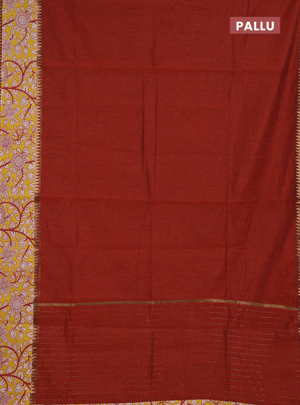 Semi mangalagiri cotton saree rust shade and yellow with plain body and long zari woven kalamkari printed border & blouse