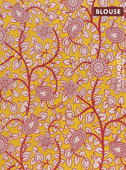 Semi mangalagiri cotton saree rust shade and yellow with plain body and long zari woven kalamkari printed border & blouse