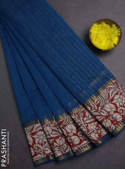 Semi mangalagiri cotton saree peacock blue and maroon with plain body and long zari woven kalamkari printed border & blouse