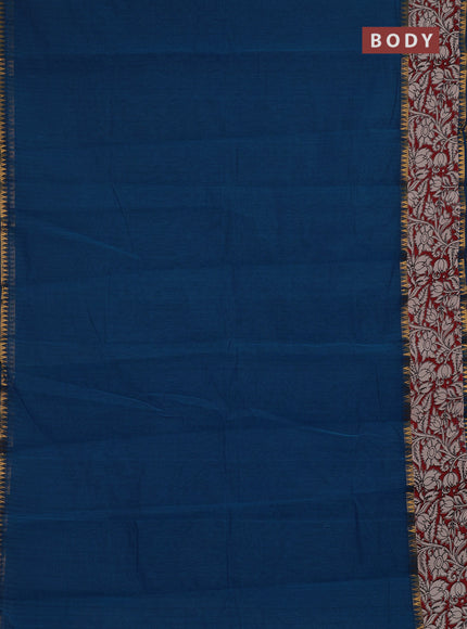 Semi mangalagiri cotton saree peacock blue and maroon with plain body and long zari woven kalamkari printed border & blouse