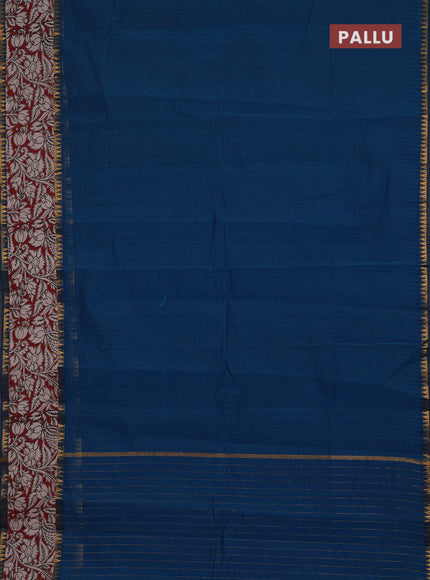 Semi mangalagiri cotton saree peacock blue and maroon with plain body and long zari woven kalamkari printed border & blouse