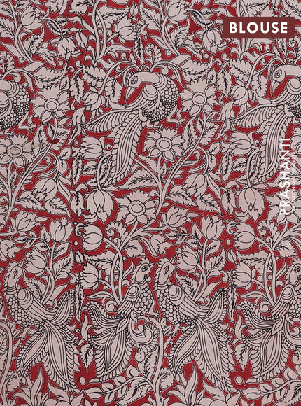 Semi mangalagiri cotton saree peacock blue and maroon with plain body and long zari woven kalamkari printed border & blouse