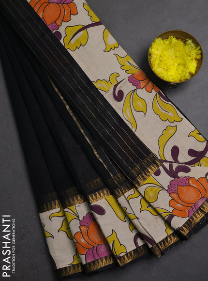 Semi mangalagiri cotton saree black and beige with plain body and long zari woven kalamkari printed border & blouse